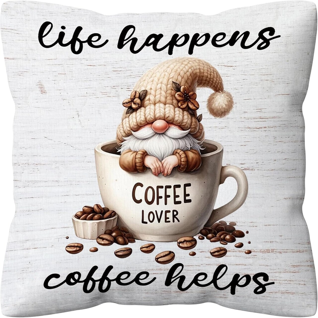 Coffee Gnomes Pillow Covers 18x18, Life Happens Coffee Helps Cute Sofa Decor Throw Pillow Covers for Kitchen Coffee Bar Coffee Station Office Room Decor, Gnome Sign Gnome Lovers Gifts